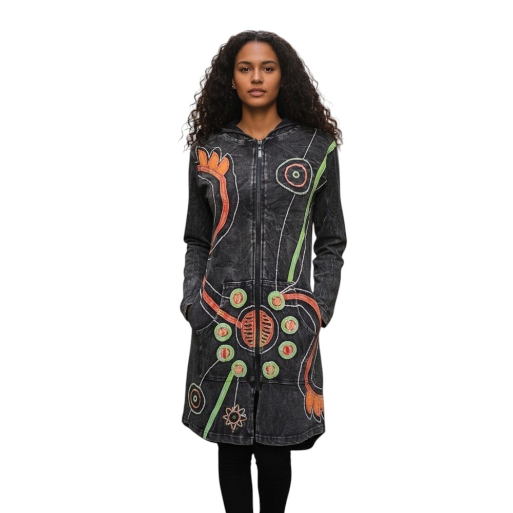 Karma Circle USA Embroidered‎ Longline Hoodie Dress Black Unique Hippie Festival